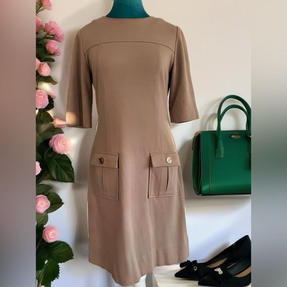 Ellen Tracy Timeless Taupe Dress with Unique Pocket Detail - Size M, Perfect Fit - Picture 1 of 16